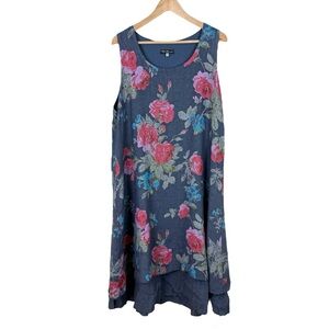Strada 100% Lin Linen Dress Size Large Floral Blue Sleeveless Long Lagenlook